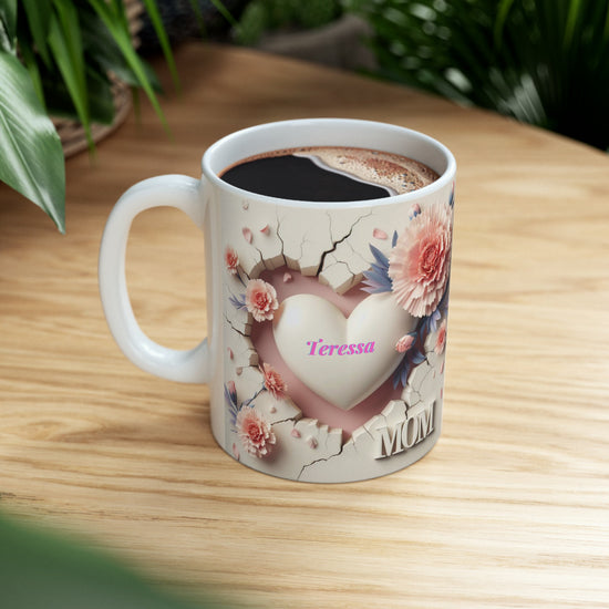 Ceramic Mug, 11oz, Personalized 3D Mom Mug, Pretty Pink Carnation Coffee Mug, Special Mothers Day Mug, Thoughtful Mom Gift