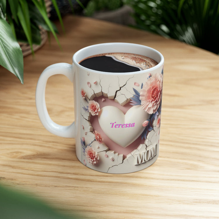Ceramic Mug, 11oz, Personalized 3D Mom Mug, Pretty Pink Carnation Coffee Mug, Special Mothers Day Mug, Thoughtful Mom Gift