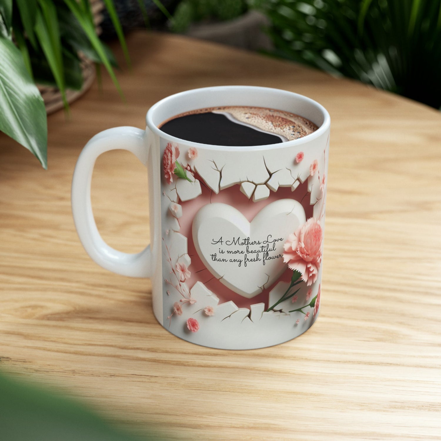 Ceramic Mug, 11oz, beautiful 3D Mothers Day Mug, Carnation pink coffee mug, Stylish Modern mug for Mom, great Mother&
