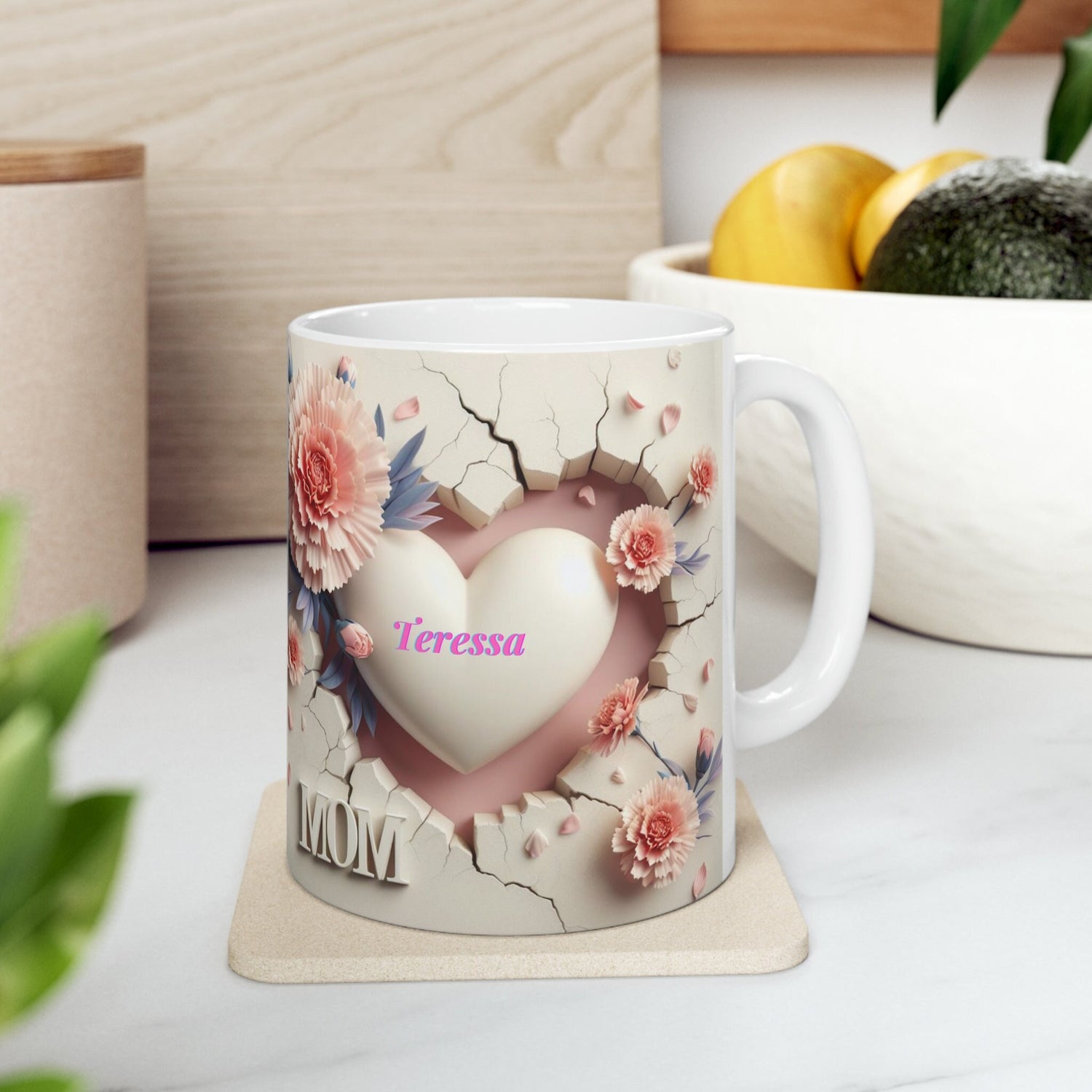 Ceramic Mug, 11oz, Personalized 3D Mom Mug, Pretty Pink Carnation Coffee Mug, Special Mothers Day Mug, Thoughtful Mom Gift
