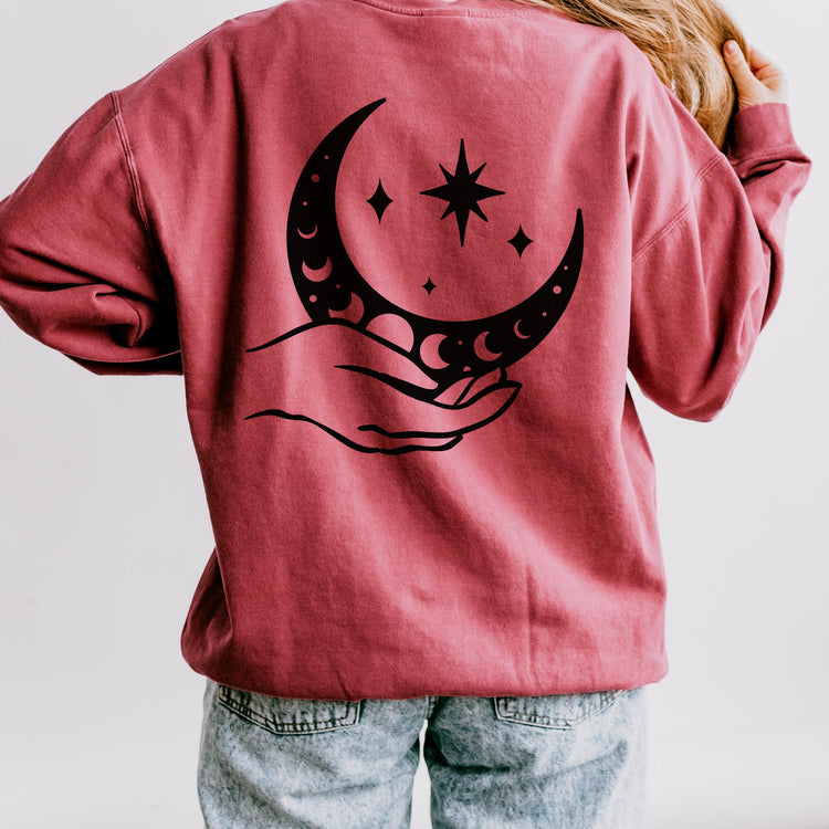 Celestial Lightweight Crewneck Sweatshirt, Moon Hand Astrology Sign, Mystical Cozy Shirt, Unisex Sweatshirt