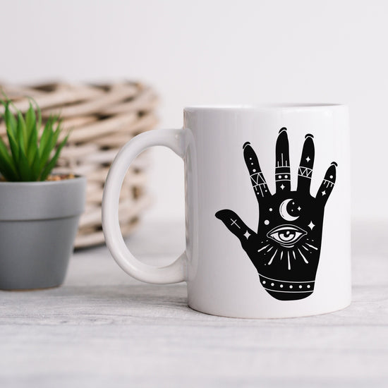 Celestial Ceramic Mug 11oz | Moon on Hand Astrological Design | Mystical & Lucky Coffee Tea Cup | Psychic Kitchen Mug | Celestial Coffee Mug