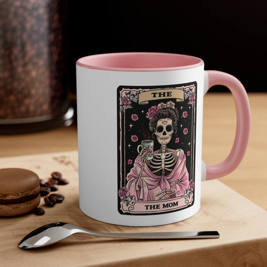 Accent Coffee Mug, 11oz, Mom Tarot Coffee psychic card Momma Day beverage Skeleton pink black tea novelty gift mug
