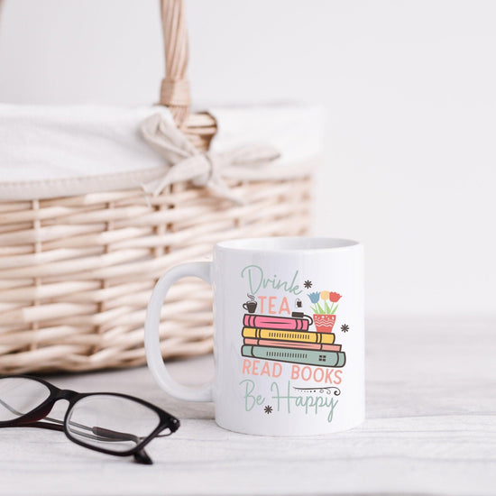 Ceramic Mug, 11oz, Book Lover minimalist  white pastel color coffee Tea english teacher student  gift happy student readers cup