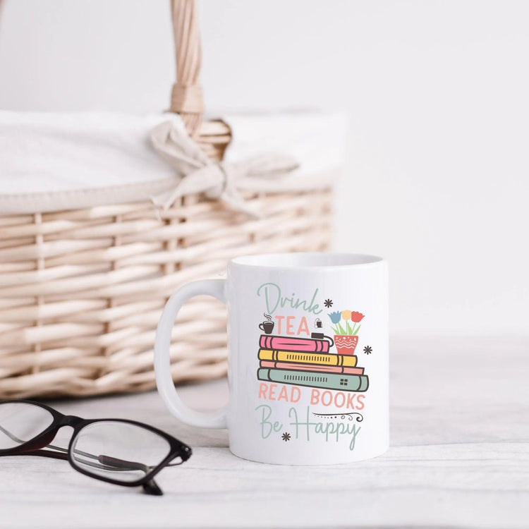 Ceramic Mug, 11oz, Book Lover minimalist  white pastel color coffee Tea english teacher student  gift happy student readers cup The Aurora Touch