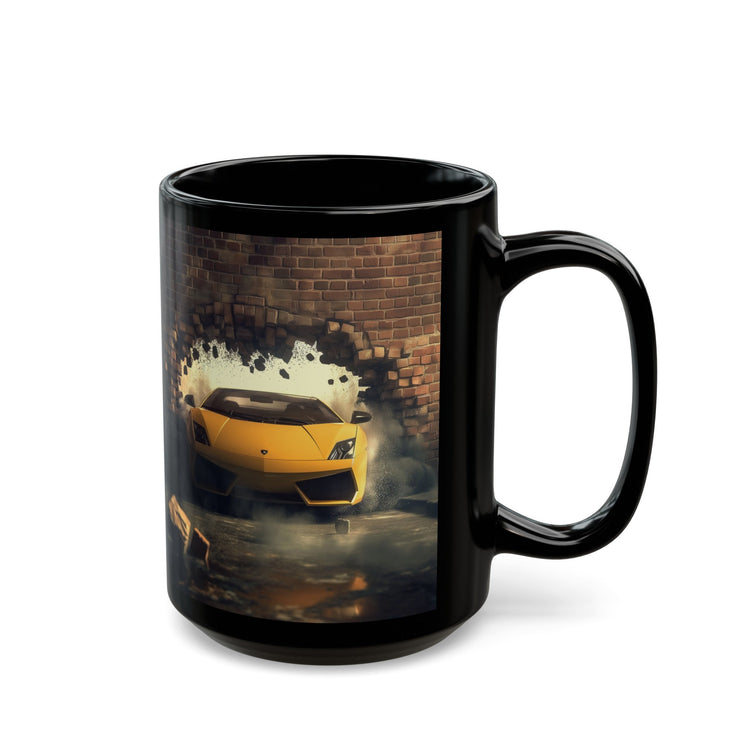 Black Mug (11oz, 15oz), Yellow Lamborghini exotic luxury fancy car custom portrait art design beverage cup