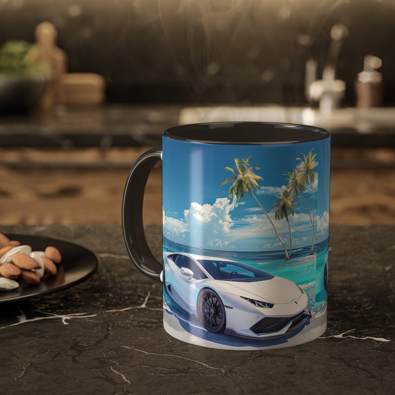 Colorful Mugs, 11oz, White Lamborghini on the beach luxury exotic car coffee beverage kitchen cup decor