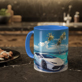 Colorful Mugs, 11oz, White Lamborghini on the beach luxury exotic car coffee beverage kitchen cup decor