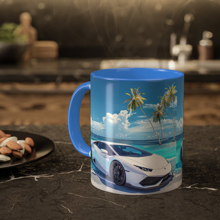 Colorful Mugs, 11oz, White Lamborghini on the beach luxury exotic car coffee beverage kitchen cup decor