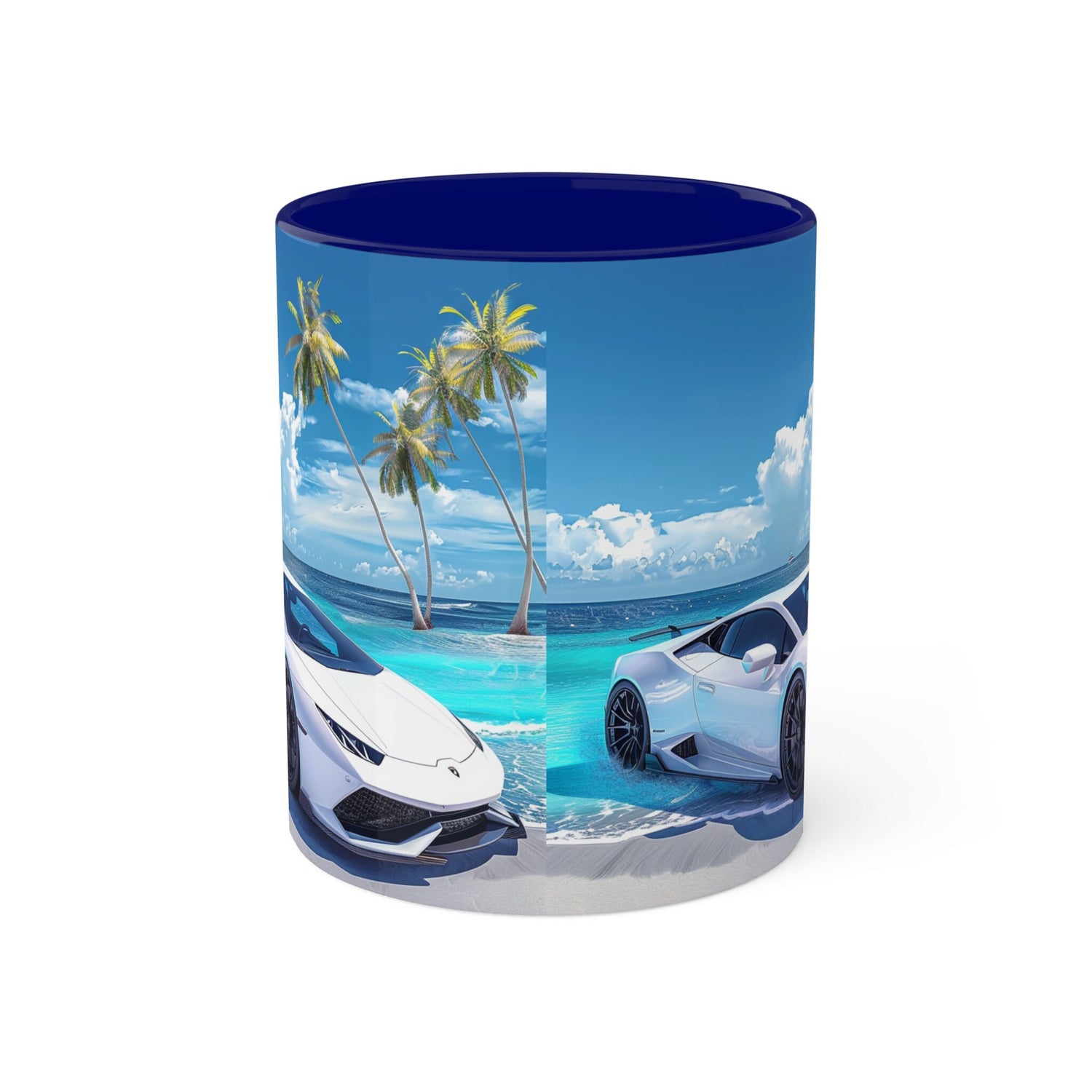 Colorful Mugs, 11oz, White Lamborghini on the beach luxury exotic car coffee beverage kitchen cup decor
