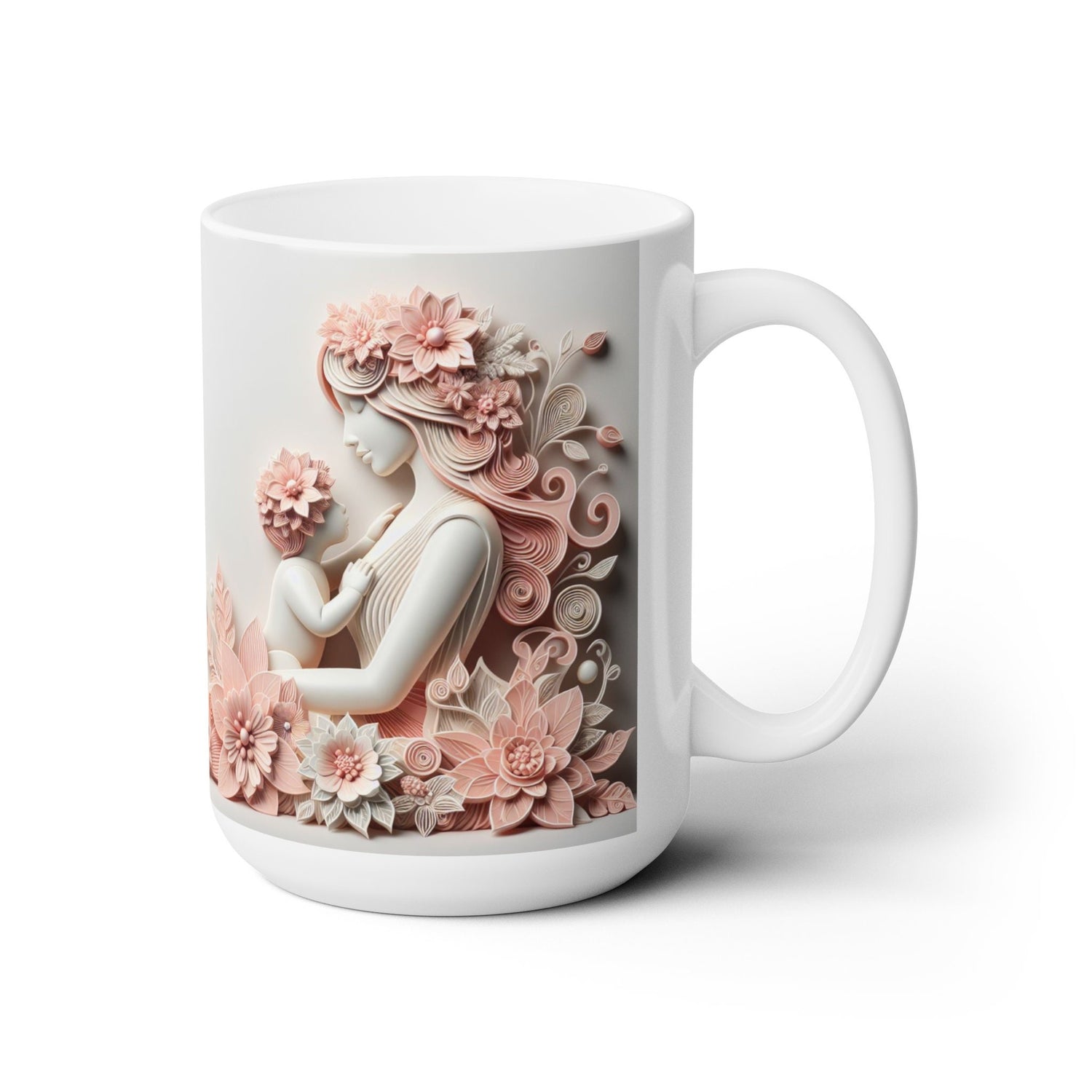 Ceramic Mug 15oz, Mother child large pink white floral everyday mom daughter beverage unique special gift cup