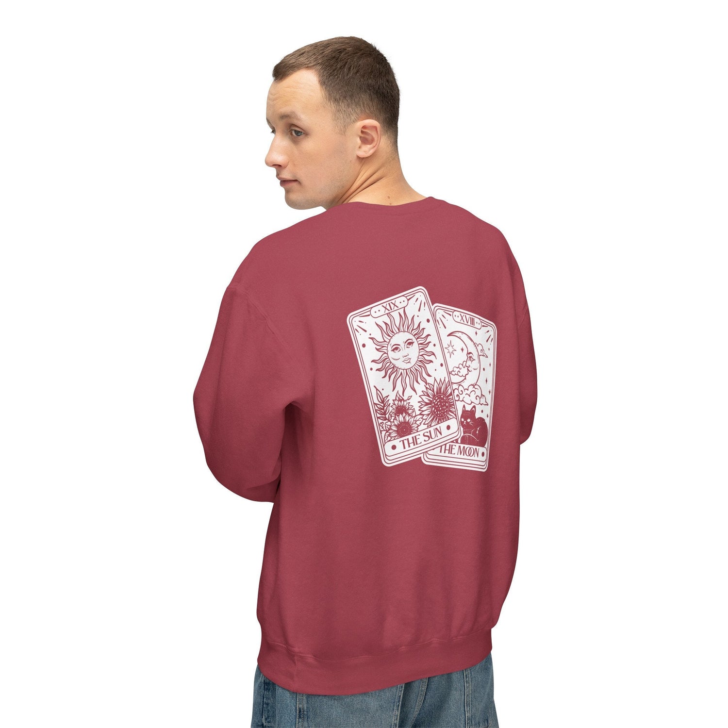 Unisex Lightweight Crewneck Sweatshirt, Sun Moon Tarot soft cozy casual everyday jeans celestial psychic realm inspired jean sweatshirt