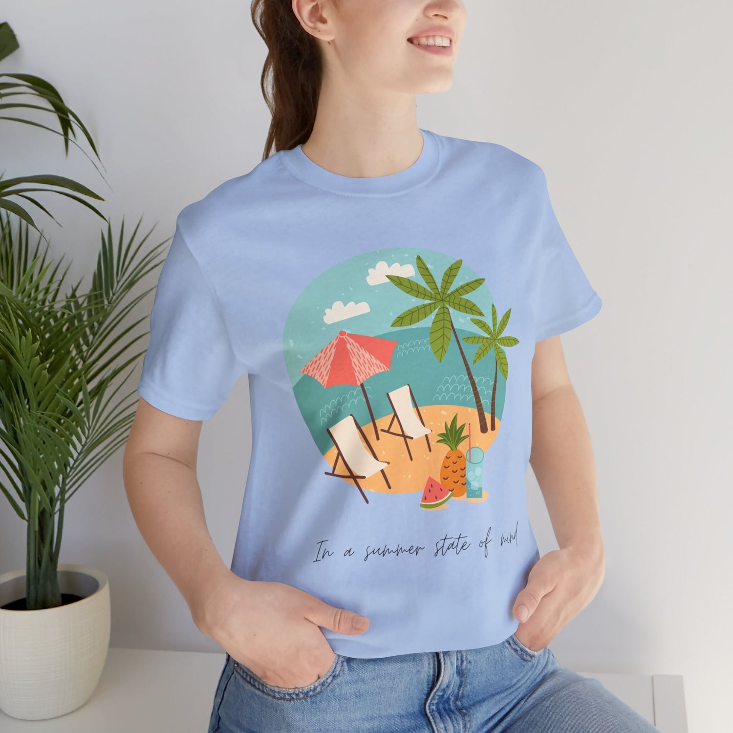 Unisex Summer Vibes Shirt, Pink female summer scene vacation theme natural beach casual lounge wear