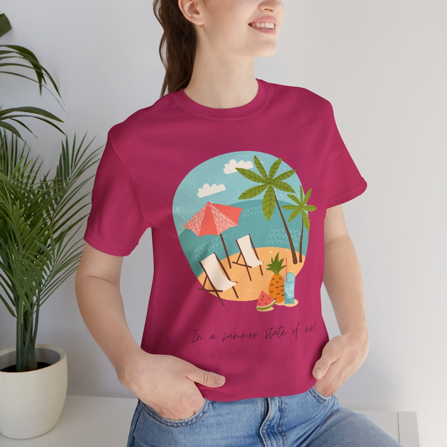 Unisex Summer Vibes Shirt, Pink female summer scene vacation theme natural beach casual lounge wear