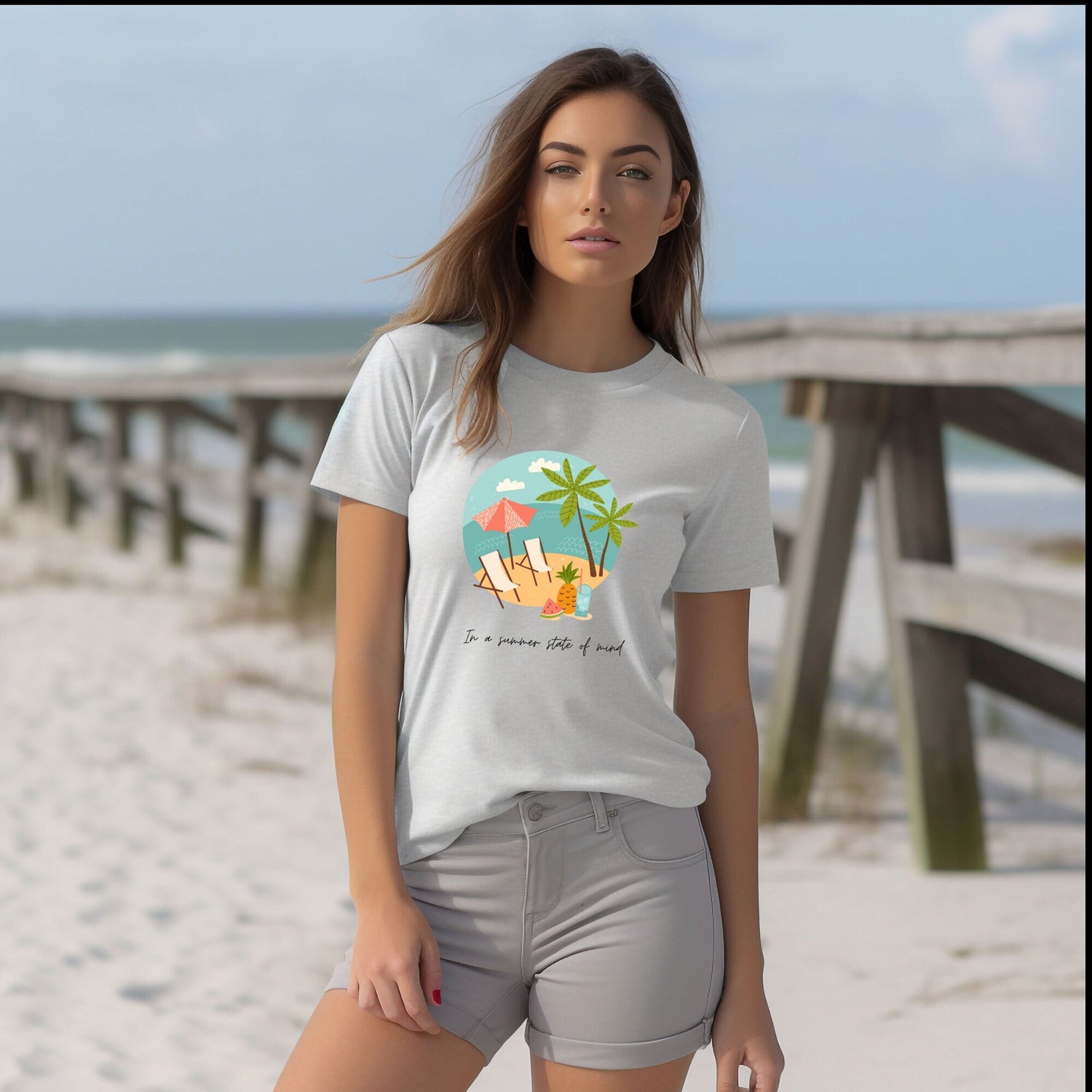 Unisex Summer Vibes Shirt, Pink female summer scene vacation theme natural beach casual lounge