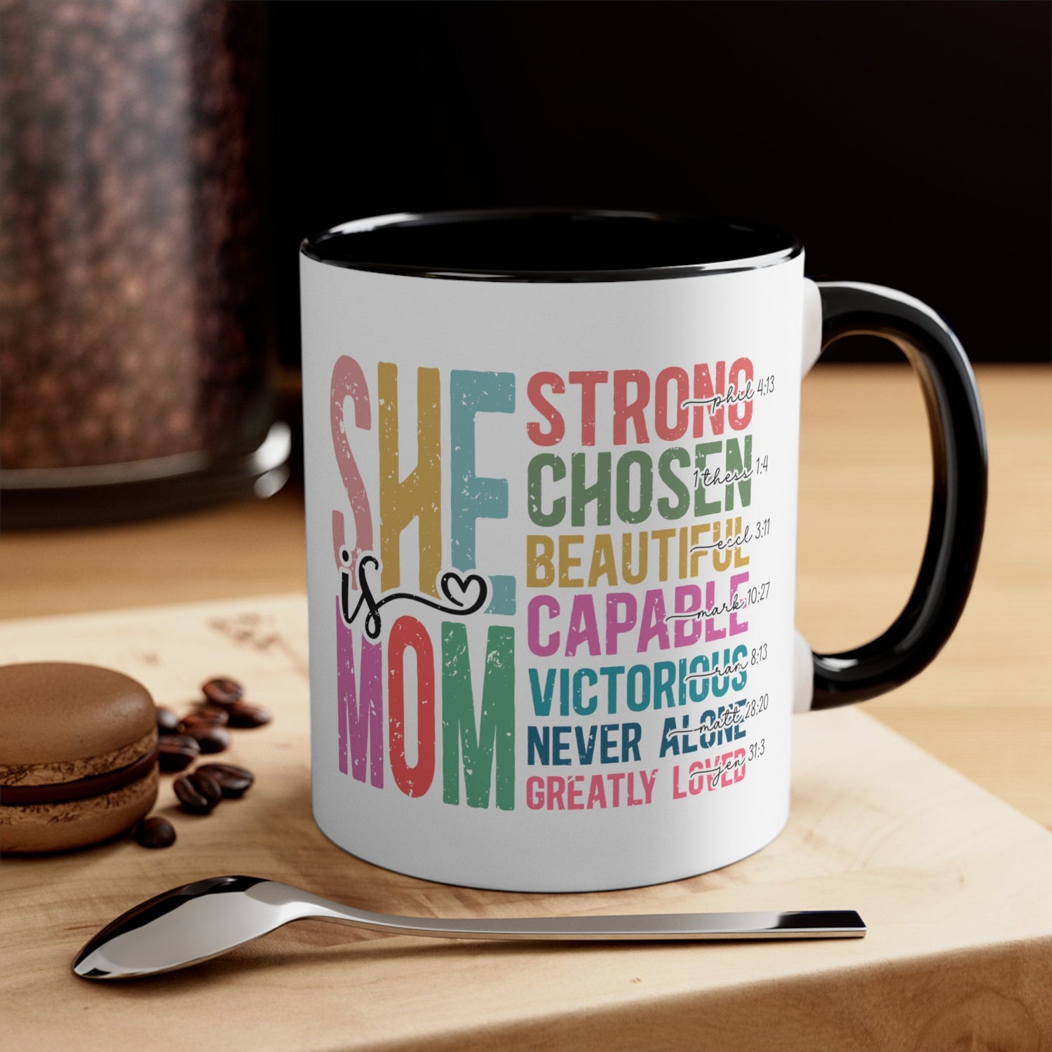 Accent Coffee Mug, 11oz, She is Mom bright coffee colorful encouraging positive strong message enduring two tone beverage cup relative gift