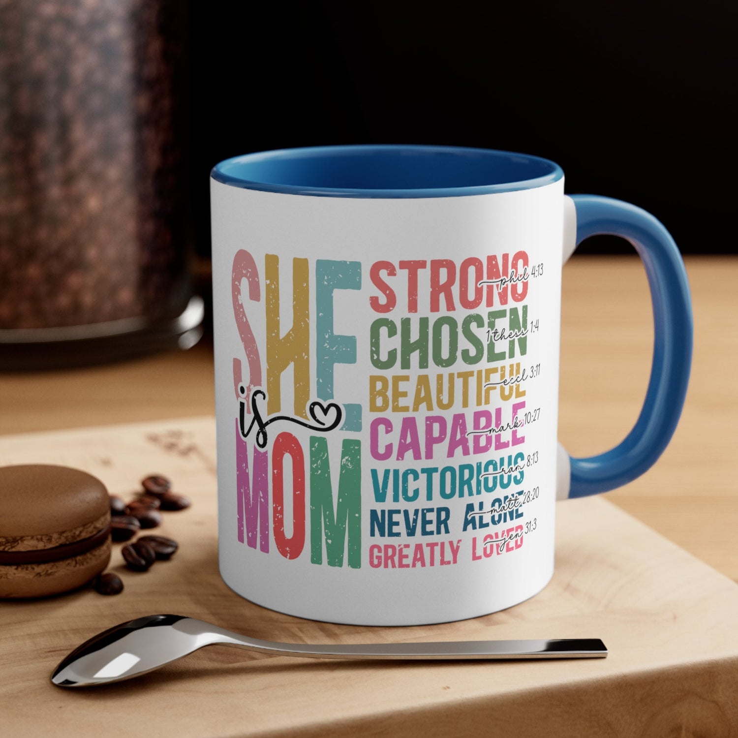 Accent Coffee Mug, 11oz, She is Mom bright coffee colorful encouraging positive strong message enduring two tone beverage cup relative gift