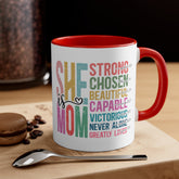 Accent Coffee Mug, 11oz, She is Mom bright coffee colorful encouraging positive strong message enduring two tone beverage cup relative gift
