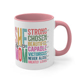 Accent Coffee Mug, 11oz, She is Mom bright coffee colorful encouraging positive strong message enduring two tone beverage cup relative gift