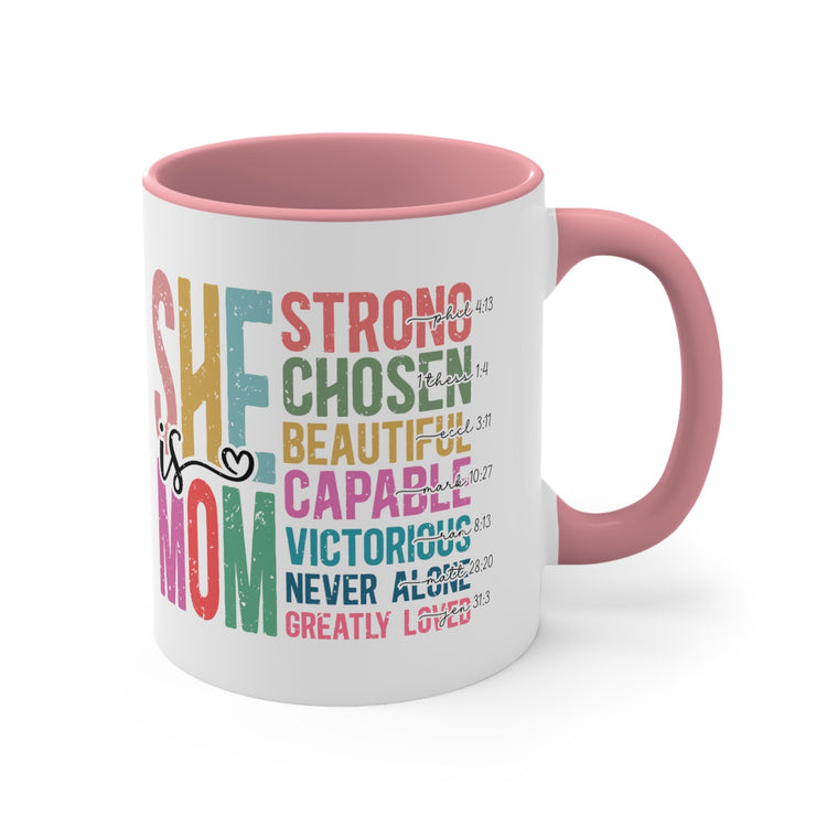 Accent Coffee Mug, 11oz, She is Mom bright coffee colorful encouraging positive strong message enduring two tone beverage cup relative gift