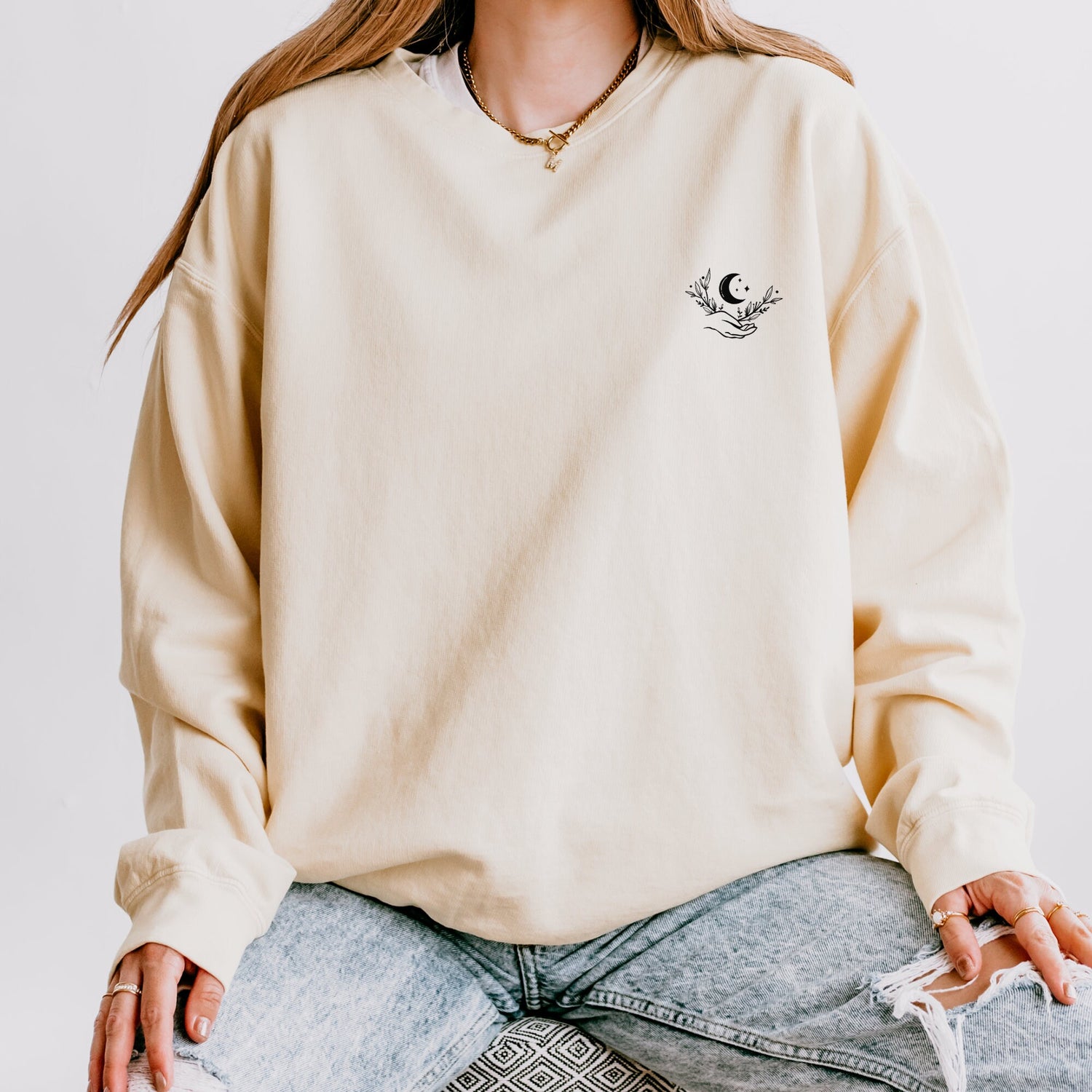 Celestial Lightweight Crewneck Sweatshirt, Moon Hand Astrology Sign, Mystical Cozy Shirt, Unisex Sweatshirt