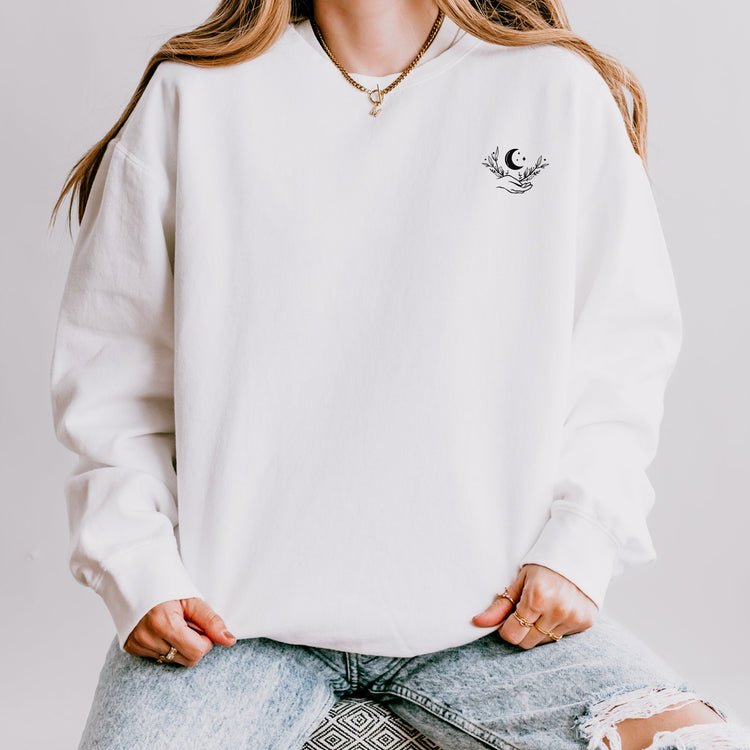 Celestial Lightweight Crewneck Sweatshirt, Moon Hand Astrology Sign, Mystical Cozy Shirt, Unisex Sweatshirt