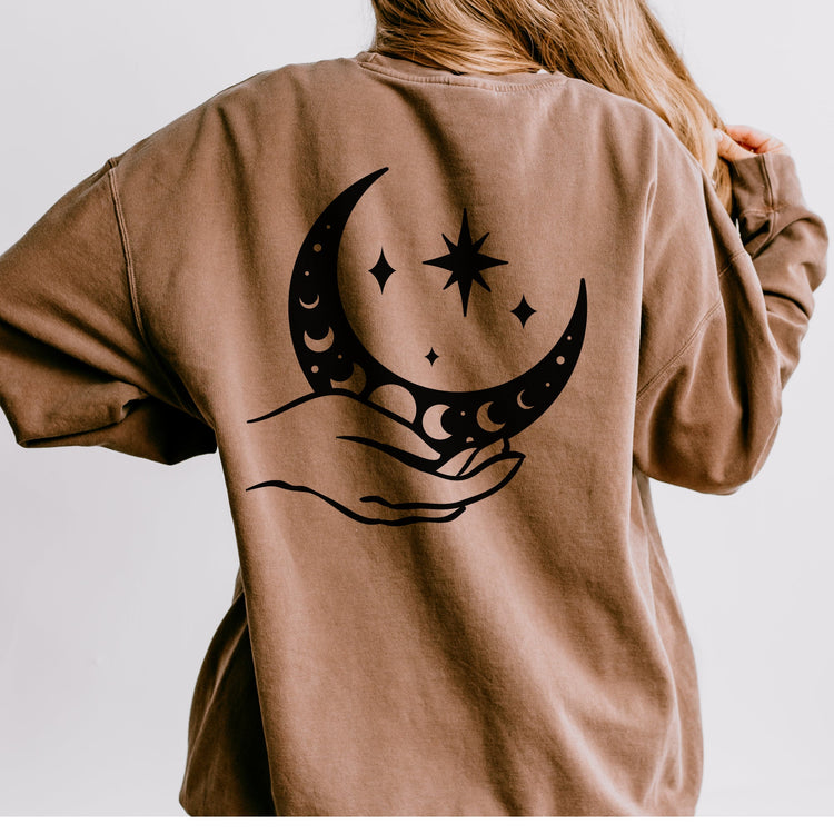 Unisex Lightweight Crewneck, Celestial design light soft cozy moon hand mystical casual school work home clothing wear