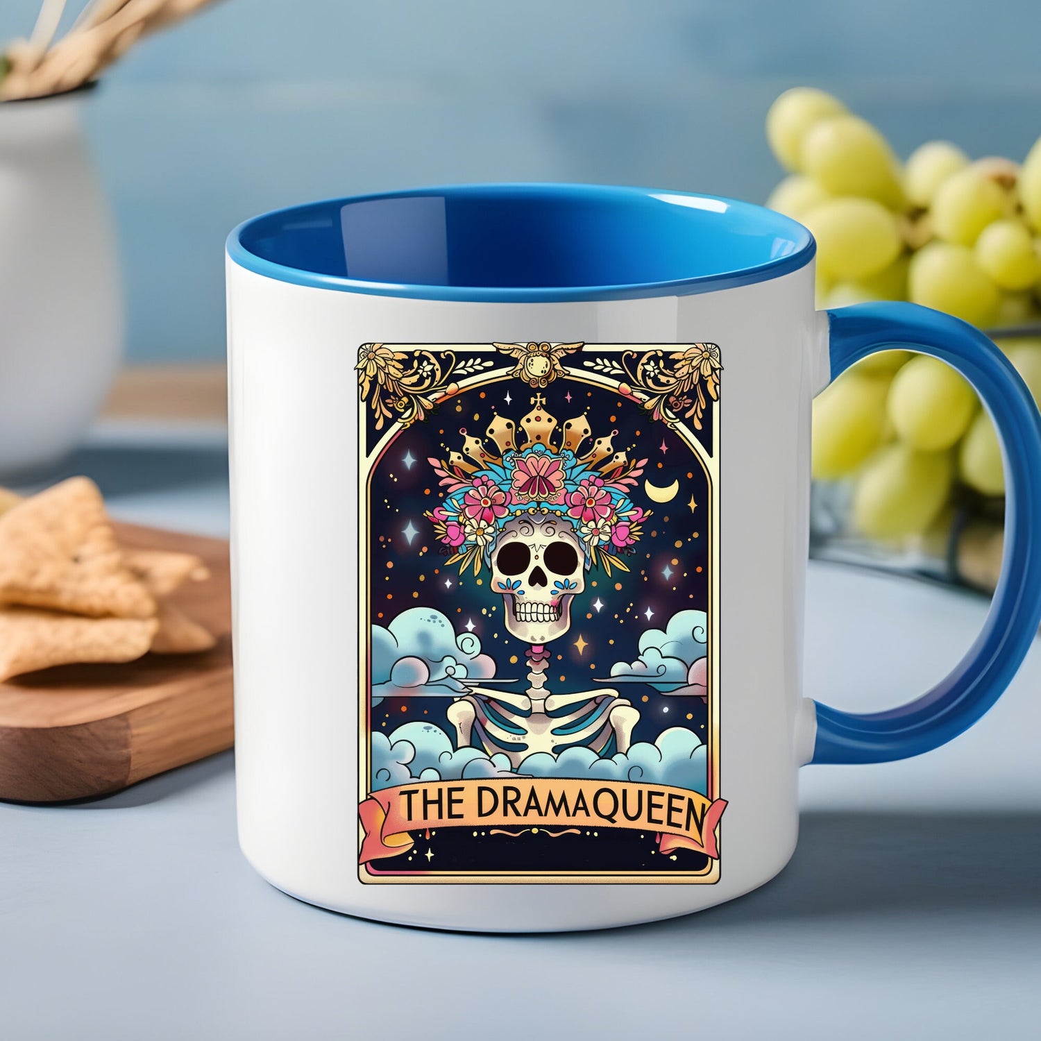 Accent Coffee Mug, The drama queen tarot skeleton funny mystical fortune art portrait coffee hot tea everyday beverage cup