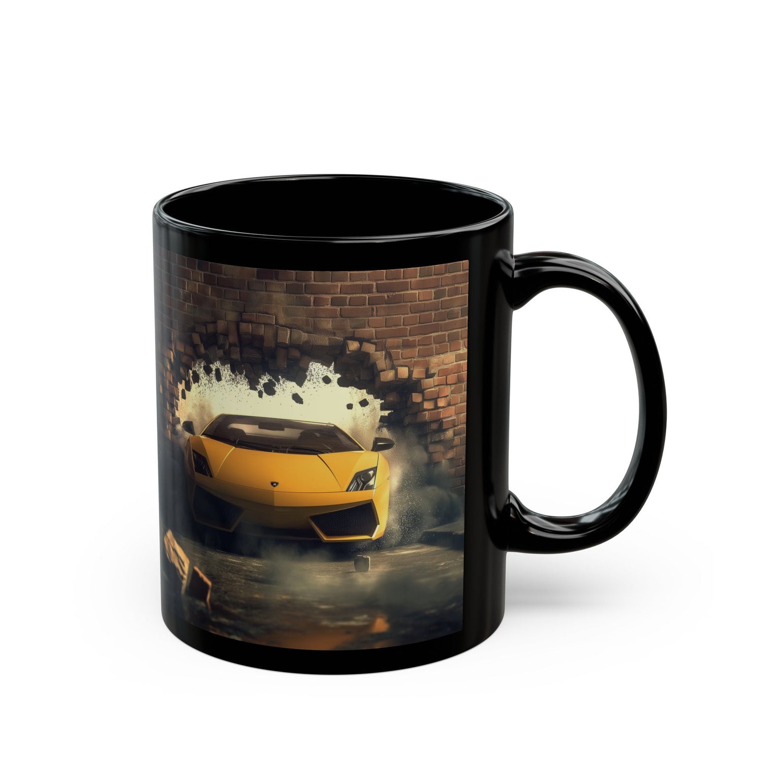 Black Mug (11oz, 15oz), Yellow Lamborghini exotic luxury fancy car custom portrait art design beverage cup