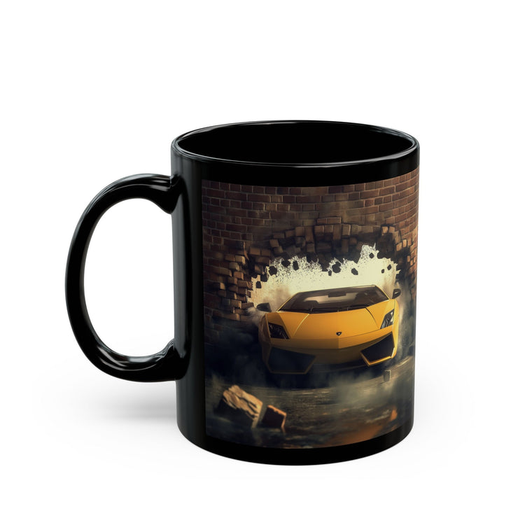 Black Mug (11oz, 15oz), Yellow Lamborghini exotic luxury fancy car custom portrait art design beverage cup
