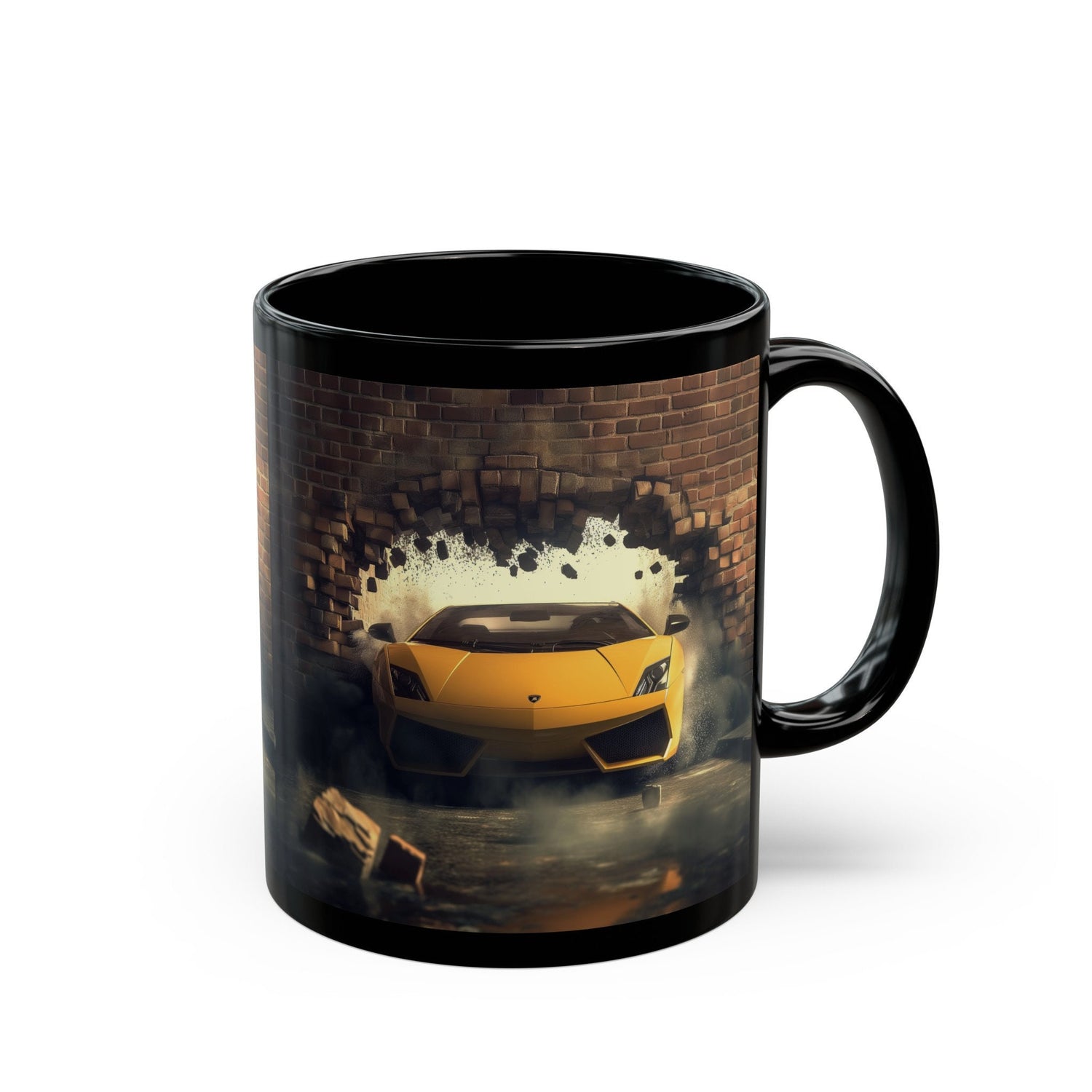 Black Mug (11oz, 15oz), Yellow Lamborghini exotic luxury fancy car custom portrait art design beverage cup