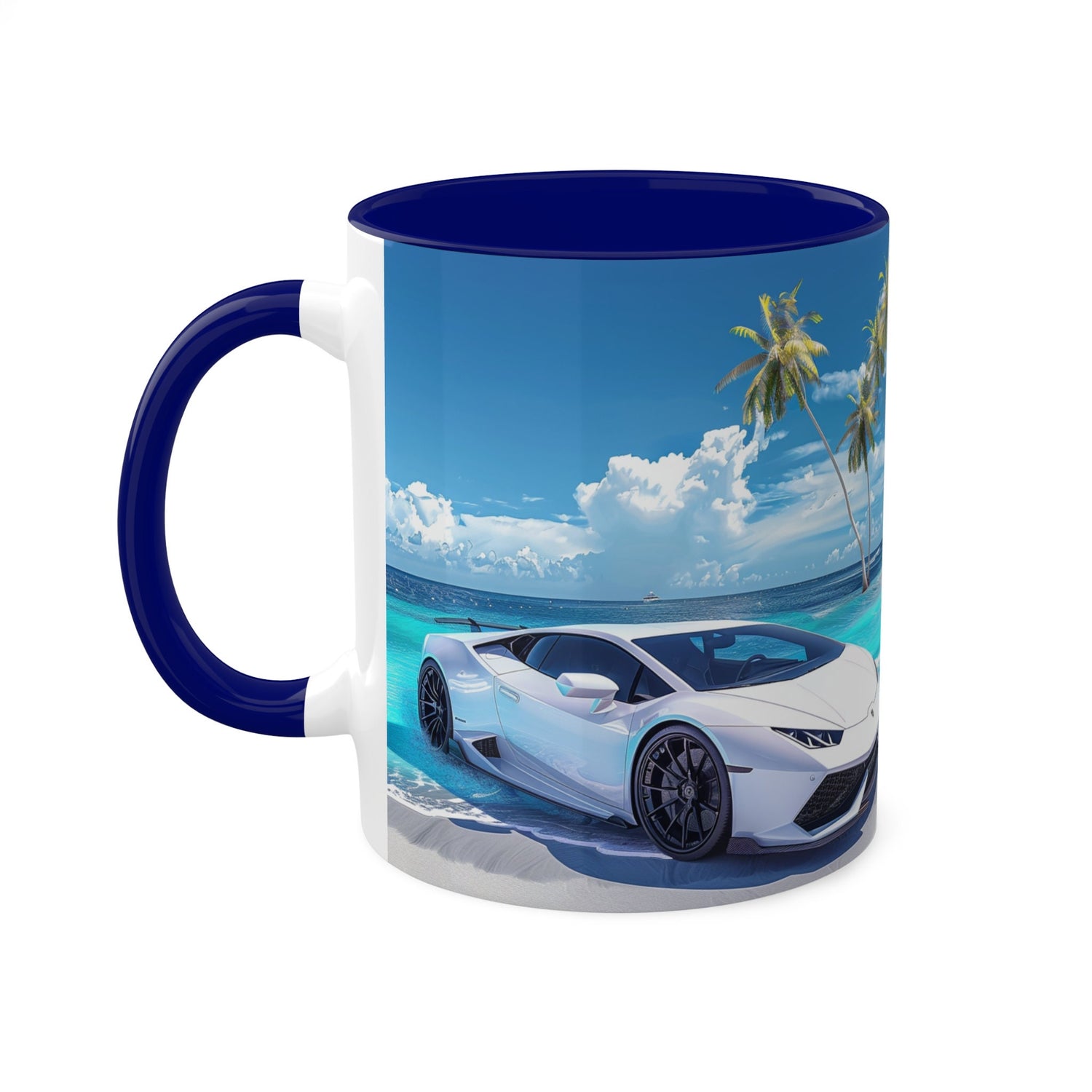 Colorful Mugs, 11oz, White Lamborghini on the beach luxury exotic car coffee beverage kitchen cup decor