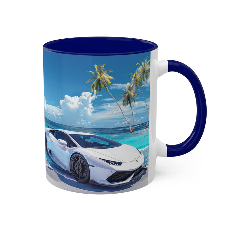Colorful Mugs, 11oz, White Lamborghini on the beach luxury exotic car coffee beverage kitchen cup decor