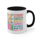 Accent Coffee Mug, 11oz, She is Mom bright coffee colorful encouraging positive strong message enduring two tone beverage cup relative gift