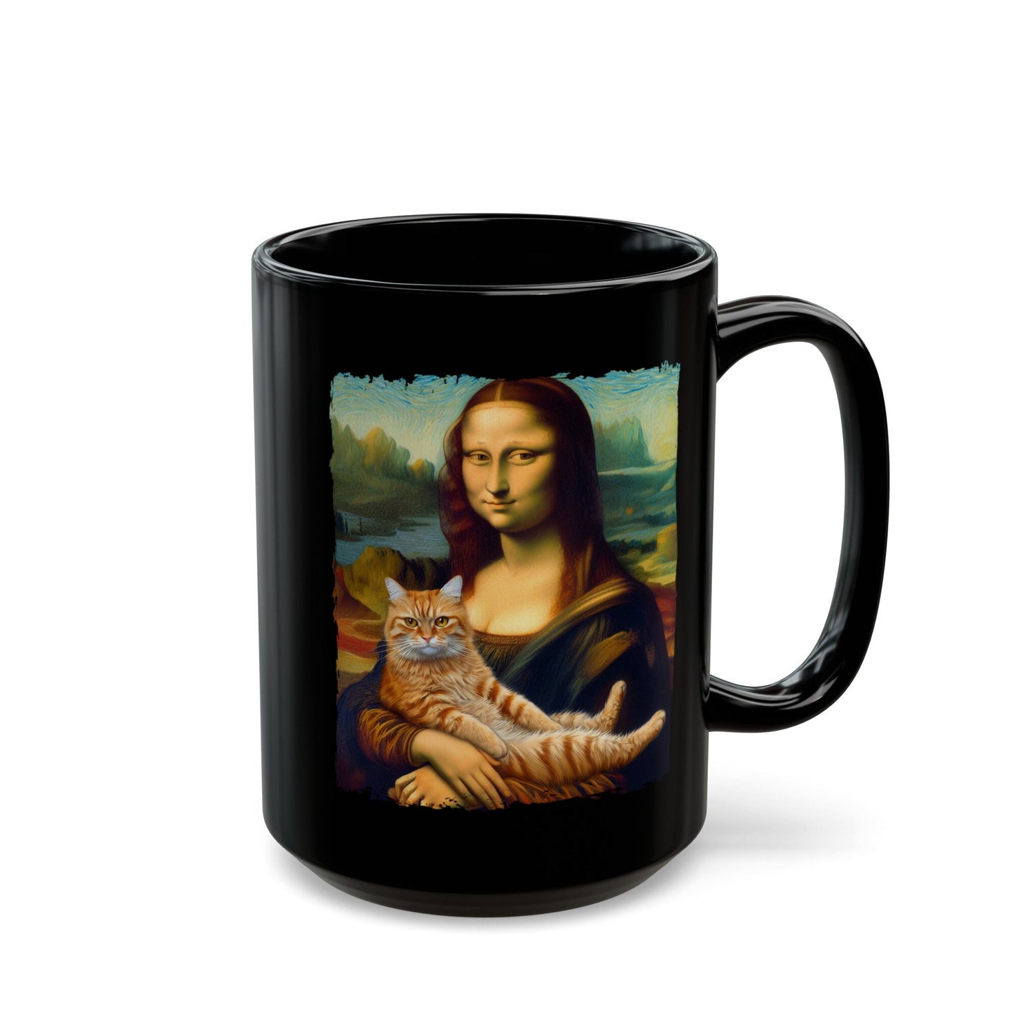 Black Mug (11oz, 15oz), Mona Lisa Coffee Mug, Humorous Kitty Cat coffee tea mug, Silly customized gift, uplifting kitchenware