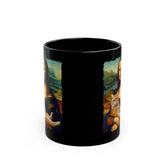 Black Mug (11oz, 15oz), Mona Lisa Coffee Mug, Humorous Kitty Cat coffee tea mug, Silly customized gift, uplifting kitchenware