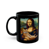 Black Mug (11oz, 15oz), Mona Lisa Coffee Mug, Humorous Kitty Cat coffee tea mug, Silly customized gift, uplifting kitchenware