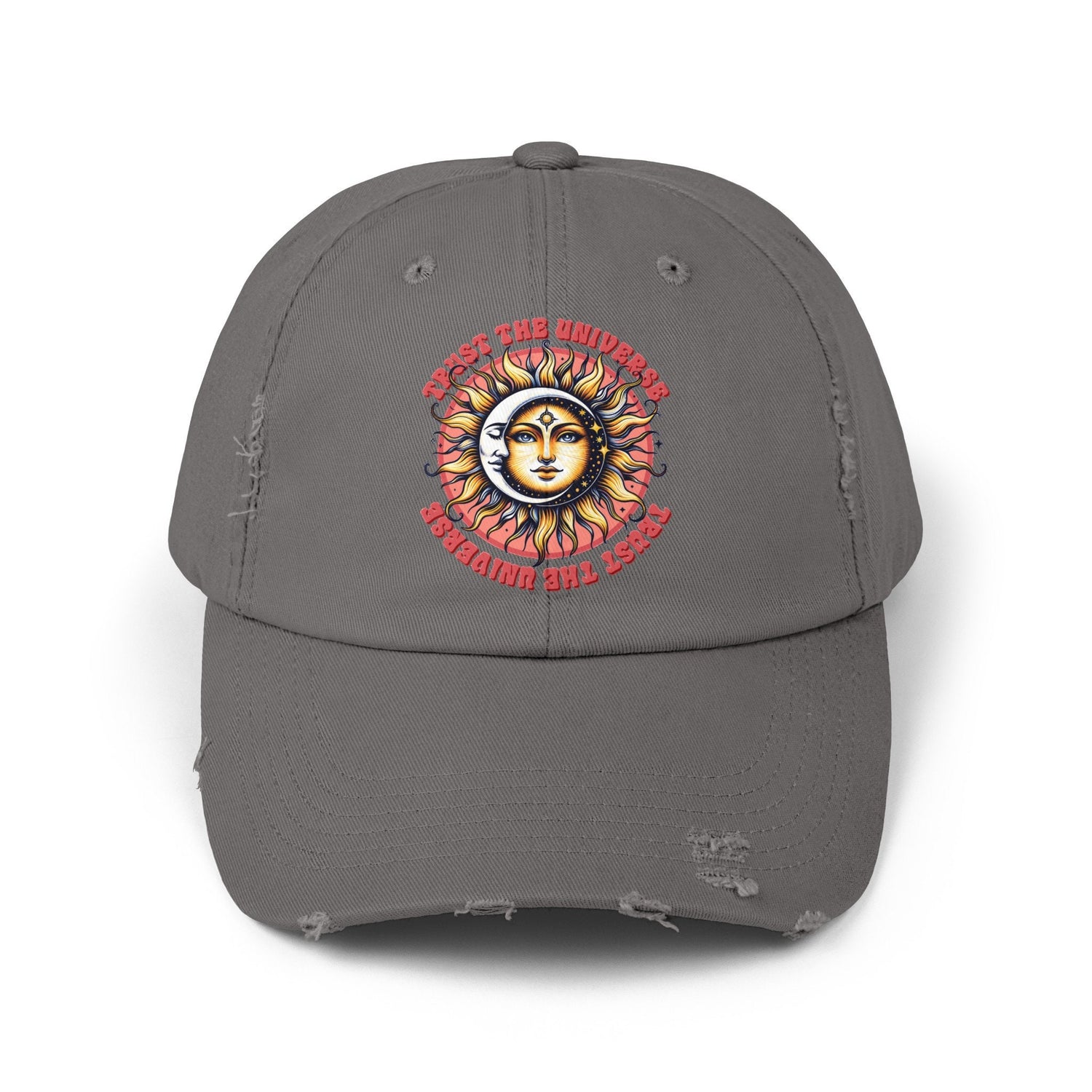 Unisex Distressed Cap, Universe Celestial baseball cap, Tarot Card hat, Mystical Moon Horoscope design, Casual everday hat