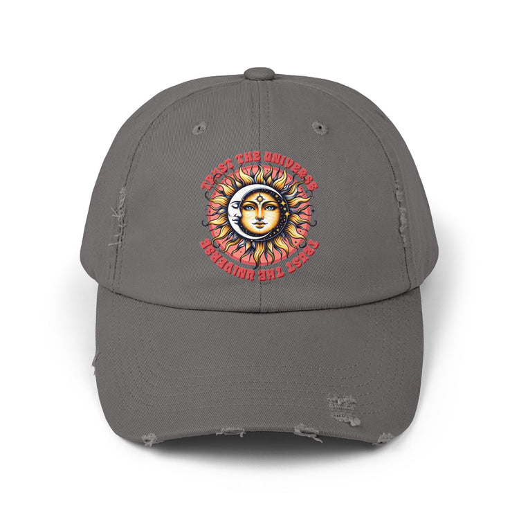 Unisex Distressed Cap, Universe Celestial baseball cap, Tarot Card hat, Mystical Moon Horoscope design, Casual everday hat