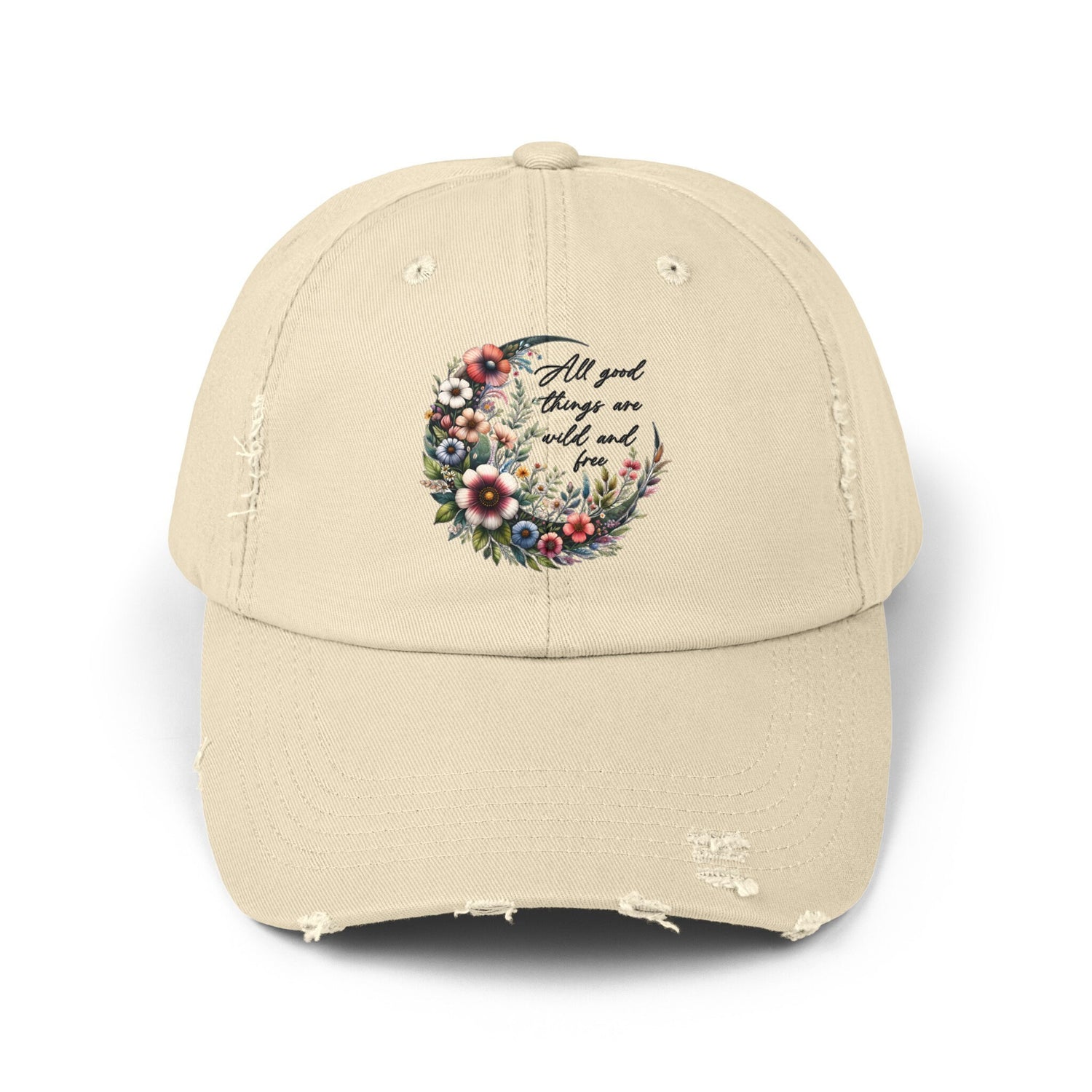 Unisex Distressed Cap, Floral Moon design baseball cap, Positive empowering clothing wear, uplifting female gift, Casual hat