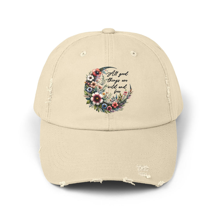 Unisex Distressed Cap, Floral Moon design baseball cap, Positive empowering clothing wear, uplifting female gift, Casual hat