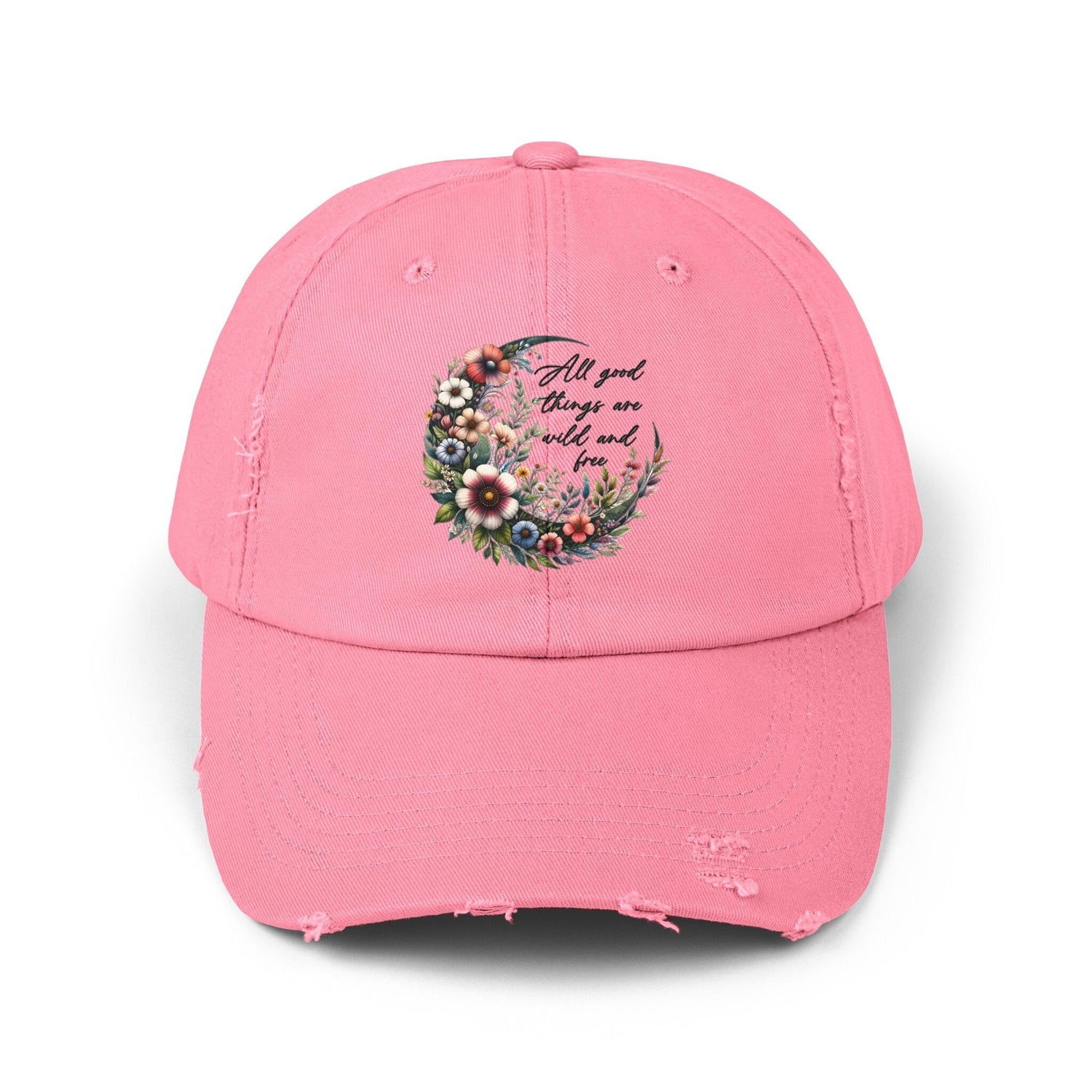 Unisex Distressed Cap, Floral Moon design baseball cap, Positive empowering clothing wear, uplifting female gift, Casual hat