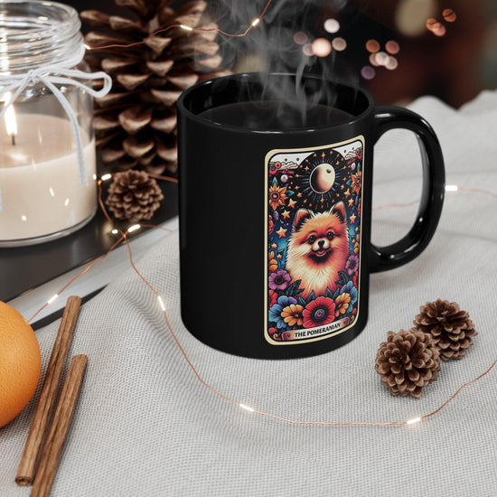 Black Mug (11oz) Pomeranian portrait coffee drinking mug, Celestial Tarot card design, pet lover gift, colorful daily cup