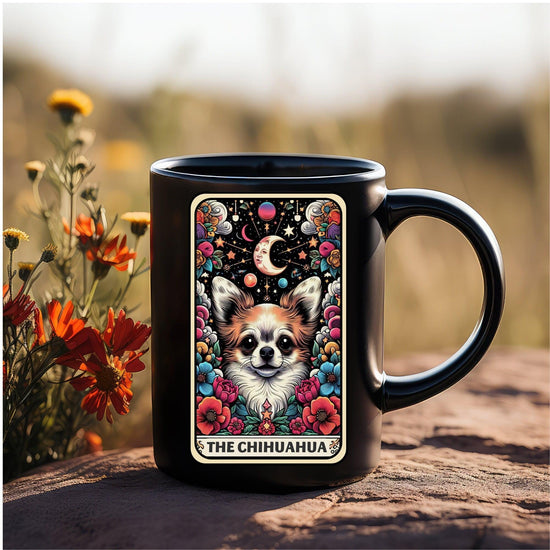 Black Mug (11oz, ), The Chihuahua Tarot Card, Celestial coffee Mug, Colorful Pet lover gift, Everyday drinking Mug, Great Grad gift
