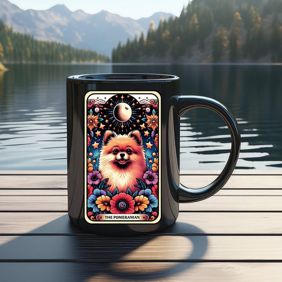 Black Mug (11oz) Pomeranian portrait coffee drinking mug, Celestial Tarot card design, pet lover gift, colorful daily cup