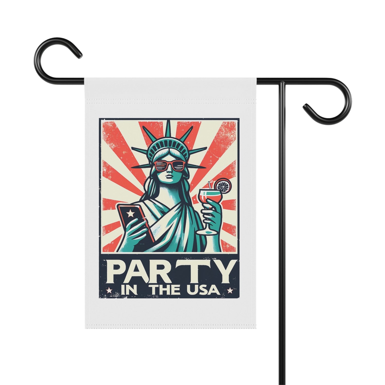 Garden & House Banner, party in the USA Statue of Liberty funny humorous decorative front yard garden flag post stand outside decor