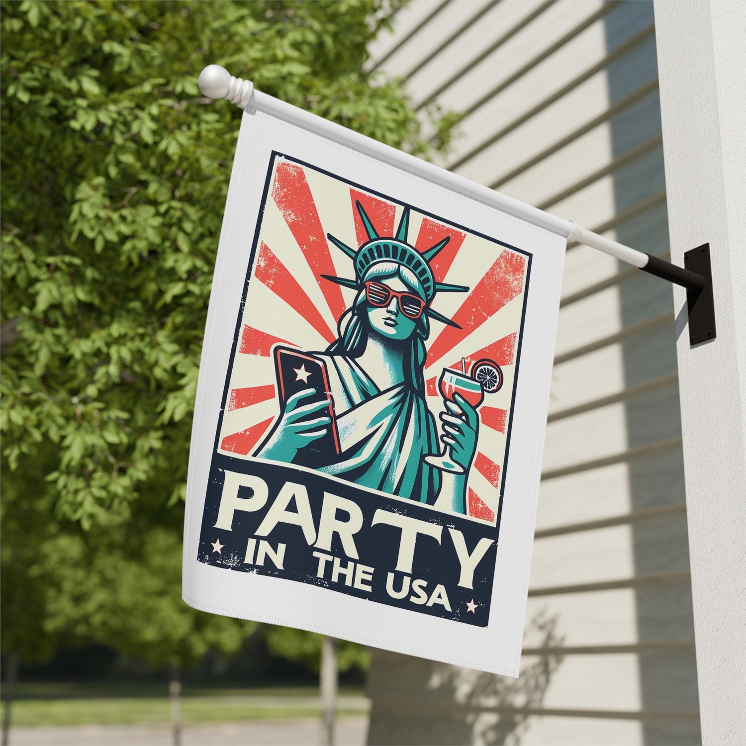 Garden & House Banner, party in the USA Statue of Liberty funny humorous decorative front yard garden flag post stand outside decor