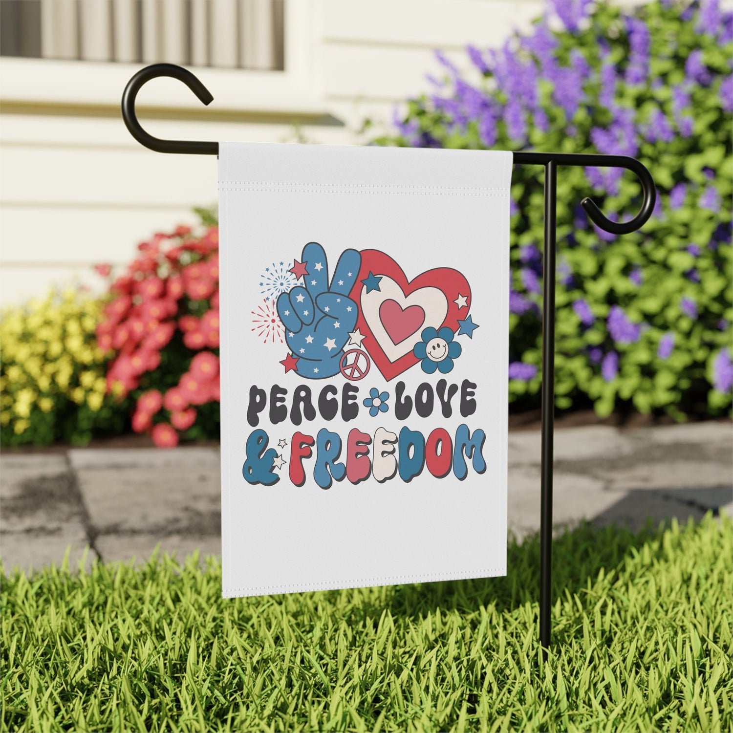 Garden & House Banner, Peace Love Freedom Independence Day Outdoor Garden Decor, Fourth of July Outside Home Celebartion Flag