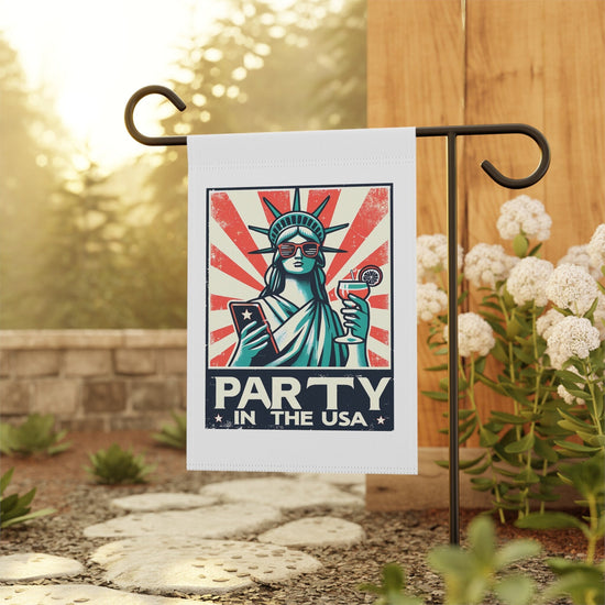 Garden & House Banner, Party in the USA Humorous Decorative Front Yard Garden Post Flag Stand, Statue of Liberty funny outside decor