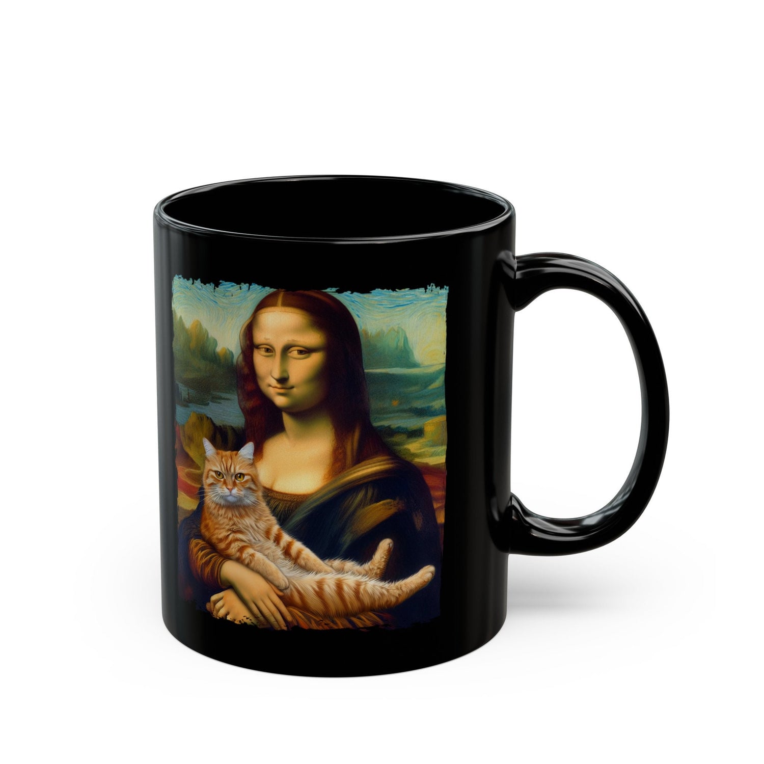 Black Mug (11oz, 15oz), Mona Lisa Coffee Mug, Humorous Kitty Cat coffee tea mug, Silly customized gift, uplifting kitchenware